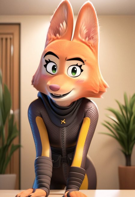 zPDXL, score_9,score_8_up,score_7_up,_up,source_cartoon, best quality, amazing quality, masterpiece, 1girl, looking at viewer, solo, fullbody, cute, blush, diane foxington,  green eyes,  orange fur,  fox girl,  jewelry, indoors, room, plant