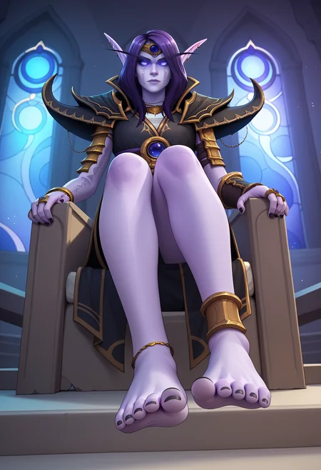 score_9, score_8_up, score_7_up, BREAK,
1girl, xalatah sitting on a throne, purple hair, long hair, purple eyes, purple skin, glowing eyes,
pointy ears, elf, earrings,
void sphere,
anklet, armor, bracelet, bracer, pauldrons, shoulder armor, vambraces,
barefoot, toe ring, toenails, toes, black nail polish,
indoors, looking at viewer,
presenting foot,
view from below, feet focus, indoors, night, dark palace, stained glass  <lora:XalAtahXL_byKonan:1>
