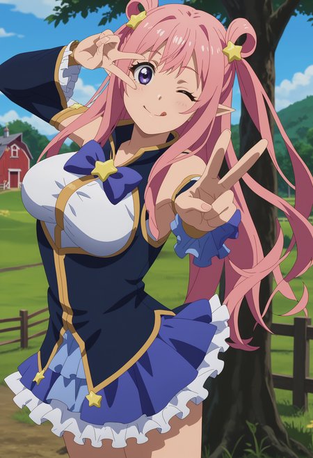 score_7_up, anime screencap,
<lora:PrincessConnect_HatsuneXL:0.9>,
1girl, solo, closed mouth, smile, tongue out, v over eye, one eye closed,
long hair, pink hair, purple eyes, hair rings, pointy ears, hair ornament, star (symbol),
Hatsune, multicolored dress, sleeveless dress, black dress, white dress, purple bow, detached sleeves, frilled skirt, blue skirt,
standing, looking at viewer,
blurry background, farm, tree