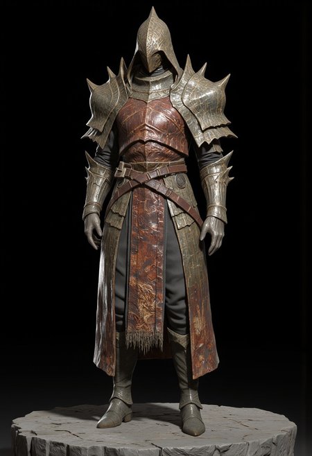 A warrior wearing distinctive armor crafted from Ammolite - the fossilized remains of ancient mollusks. The armor showcases the characteristic iridescent patterns and vibrant colors of Ammolite, with deep reds and earthy browns creating natural striped patterns across the chest piece and leg guards. The armor design appears layered and segmented, mimicking the natural formation of the fossilized shells, with each piece carefully shaped to protect while maintaining flexibility. Heavy pauldrons and a thick neck guard provide additional protection, while the overall silhouette remains robust and imposing. The armor is complemented by dark pants and sturdy boots at the base. The natural, organic patterns of the Ammolite create an armor set that looks both prehistoric and ethereal, with the metallic sheen of the fossilized material catching the light against the coastal backdrop.
 Their face is obscured by shadows.
Standing on a flat gray ground  and black background, the camera angle is high rotated at a 45 degree angle
Set against a solid dark black color background to emphasize its unnatural form that emphasizes its silhouette. The medium is not a traditional painting or illustrative medium like watercolor or ink but rather a digital 3D rendering.
MikeFranchinastyle, bbstyle,, horror theme,, ZBClay model of a gray sculpture, zbrush, d4arks0uls, overcast lighting, jedioutfit