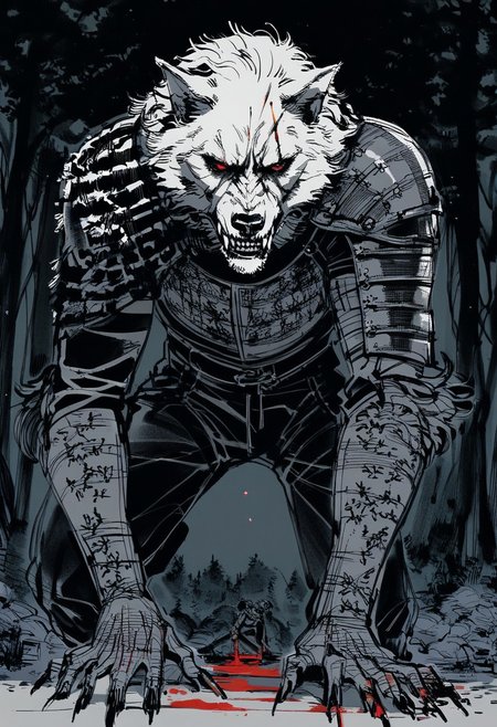 yoji_shinkawa,sketch, werewolf, dynamic pose, (perspective:1.2), close up  cuts, scratches, wounds, red eyes, teeth, white fur, tail, dripping blood, full body, scary,  leather armor, medieval armor, black theme, forest, rocks, plants, night, dark, blood, close up, portrait
<lora:Yoji_v2-000014:0.85>, score_8_up, score_7_up, score_6_up