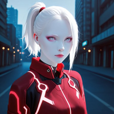 Anime art, masterpiece, best quality, absurdres, very aesthetic. traditional media, 1girl, white hair, ponytail, grey eyes, albinism, Albino girl, Pale skin, White hair,  tr0n, {red} neon trim, {red} outfit, outdoors,  cyberpunk cityscape, looking at viewer