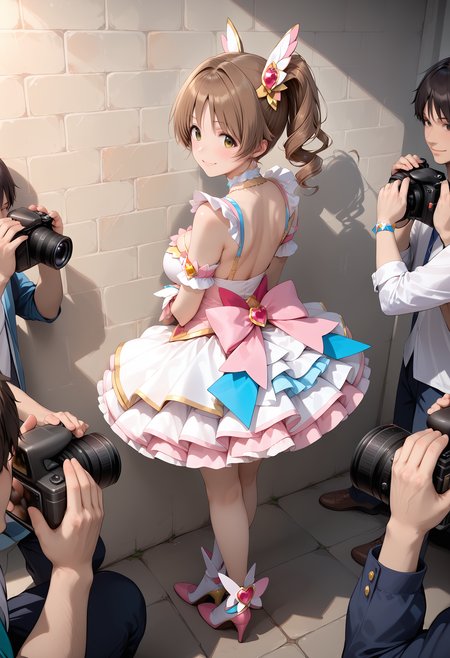 cosplay_photoshoot, multiple boys, camera, holding camera, wall, looking back, arms on the wall, view from back, 
1girl, magical girl, brown hair, totoki airi, idol master, short twin tail, miniskirt with frills, dress, choker, hair ornament,(large breasts:0.7), jewel, standing, legs crossed, smile, arms on waist,posing,
score_9,score_8_up,score_7_up,source_anime,masterpiece,best quality,amazing quality,ultra detailed, very aesthetic,absurdres,skinny,general,highres, ultra-detailed, <lora:cosplay_photoshoot_pony:0.8>