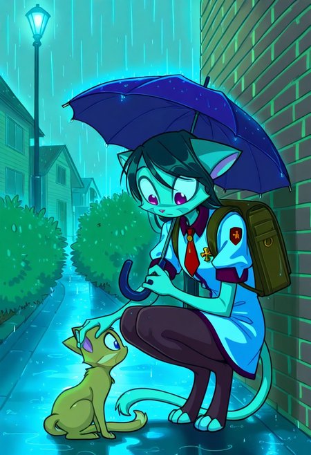 score_9, score_8_up, score_7_up,lilith_calah,
1girl,solo,furry,tail,dark green hair, source_furry,
 ,<lora:lilith_calah_illustrious:0.8>,
child, kid,
squatting, looking down, against wall,  holding umbrella, umbrella,umbrella over shoulder,cat,headpat, petting cat,
(rain:1.4),bush,house,detailed background,
brick wall, lamppost, street,  school uniform, dress, short sleeves, gold buttons, cross medal aiguillette, necktie, short necktie, pantyhose, backpack,