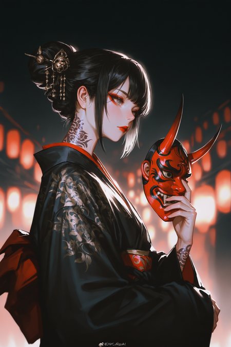 masterpiece, best quality, Good quality, very aesthetic, absurdres, newest,  an elaborate, possibly ceremonial kimono with floral patterns. The individual has dark hair styled upwards, revealing prominent eyebrows, eyes, and cheekbones, along with makeup that accentuates their features. They are interacting closely with someone wearing a distinctive mask, which obscures most of the visible identity but adds to the dramatic effect. Tattoos on one arm add an element of personal expression or cultural significance. The lighting creates high contrast between light and shadow across the scene, contributing to a mysterious and intense atmosphere., 1girl, solo, looking_at_viewer, short_hair, black_hair, hair_ornament, holding, closed_mouth, upper_body, japanese_clothes, pointy_ears, kimono, hair_bun, blurry, from_side, grey_eyes, tattoo, blurry_background, mask, expressionless, floral_print, single_hair_bun, realistic, red_lips, arm_tattoo, hair_stick, black_kimono, unworn_mask, weibo_username, holding_mask, neck_tattoo, oni_mask, hyur <lora:ponyv4_noob1_2_adamW-000017:0.7> <lora:USNR_STYLE_XL_lokr:0.8> <lora:EtherSDXL:0.15>