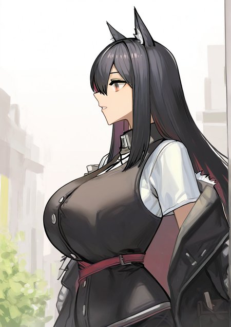 <lora:jochal:1.2>,1girl, texas \(arknights\), detailed background, huge breasts, wide hips, arknights, black hair, black jacket, black vest, breasts, brown eyes, from side, hair between eyes, jacket, long hair, off shoulder, one-hour drawing challenge, parted lips, profile, shirt, solo, upper body, vest, white shirt, 
very awa, masterpiece, best quality, highres, absurdes,amazing quality,year 2024,newest