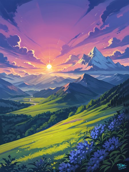 PDXL, <lora:KajpoV1:1>, k4jp0, volumetric reflections, volumetric shadows, HDR, shot on Canon DSLR,
landscape, mountain in the center, sun behind the mountain, clouds