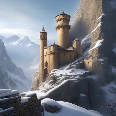 a keep on a (rock spire), battlement, Machicolations, a stairway to the keep, doorway,  mountain in background, very wide shot, fantasy, atmospheric effects, snow, best quality, masterpiece, realistic, photo-realistic, amazing, finely detail, ultra-detailed, highres, extremely detailed, 8k wallpaper
