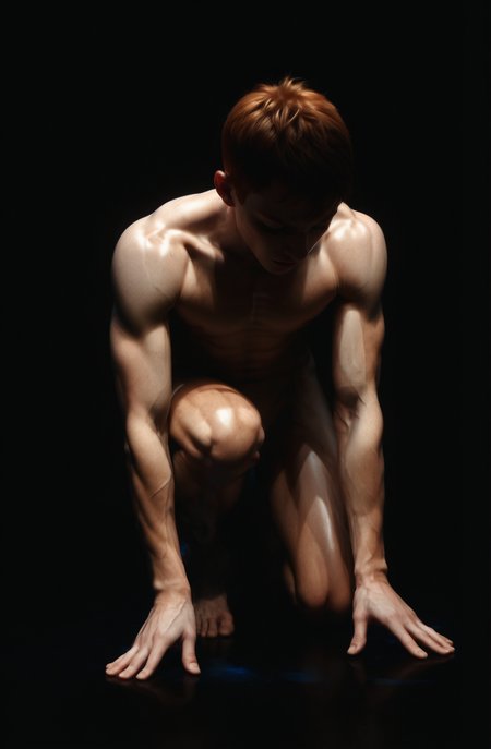 naked skinny muscular gingerhead boy kneeling in the dark, face in the shadow, defined muscles, extremely detailed, glass reflection, dark shadows, hidden face, white skin, closed eyes, forelock, feet, realistic toes, detailed hands, (realistic fingers:1.3), soft light