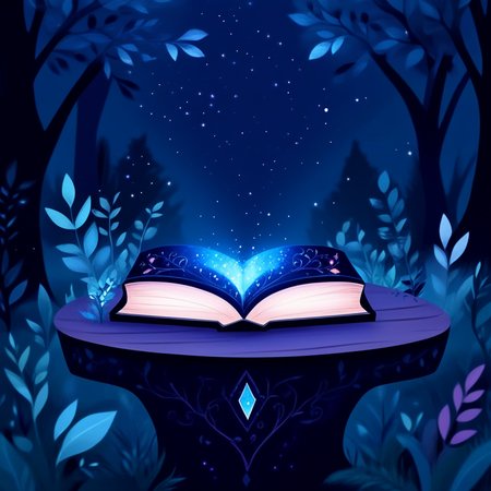 ArsMJStyle, Flat Cartoon Illustration, The image shows an open book sitting on top of a table in the woods surrounded by trees and plants. The book is illuminated by a soft light giving it a magical and ethereal feel., no humans, tree, book, star (sky), sky, night, crystal, outdoors, flower, still life