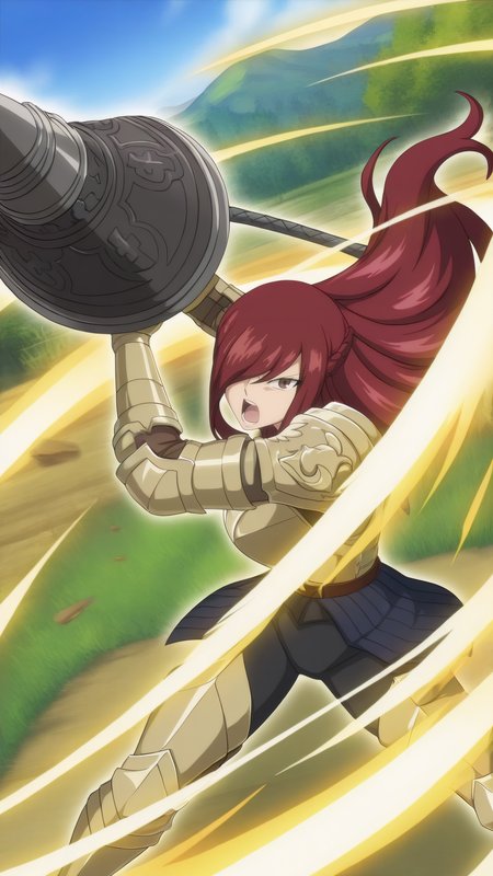 masterpiece, best quality, very aesthetic, absurdres, BREAK, 1girl, looking at viewer, cowboy shot, 
<lora:Piercing_Erza_Illu_Dwnsty:1>, erz_piercing, brown eyes, red hair, long hair, hair over one eye, gauntlets, french braid, breastplate, brass gold armor, shoulder armor, pauldrons, gloves, greaves, armored boots, black faulds, 
 large breasts, lips, serious, holdng weapon, holding polearm, incoming attack, open mouth, scream, fighting stance, 
outdoors, blue sky, village, grass, nature, landscape, forest, sunlight,