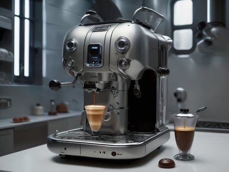 bbuk_style <lora:PureDarkness_RetroSciFi-000060:0.9> a espresso machine in a kitchen