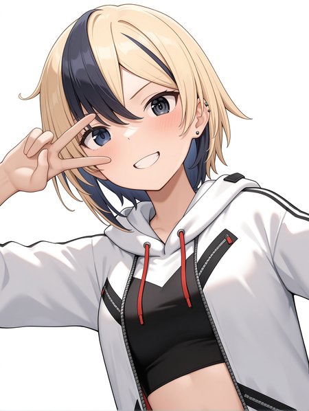masterpiece,best quality,newest,
1girl,solo,
<lora:Tatsumi_Ryuko_ilxl_v1.0:1>,t_ryuko,short hair,black eyes,blonde hair,black hair,multicolored hair,ear piercing,
c_n,white hooded jacket,open jacket,jacket,midriff,
<lora:Fixhands_anime_bdsqlsz_V1:1>,dynamic_angle,cinematic_angle,simple_background,white_background,face_focus,grin,light_blush,looking_at_viewer,smile,embarrass,v over eye,upper_body,