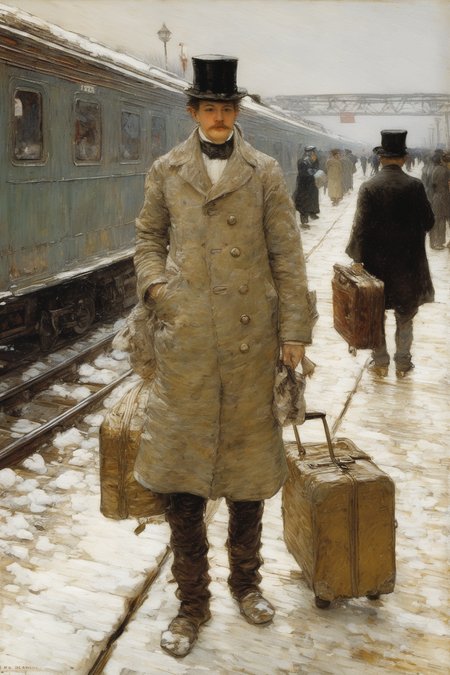 Jules Bastien-Lepage Style - Childe Hassam, champagne,soft,sunny and gentle, train station snow Carrying a luggage bag