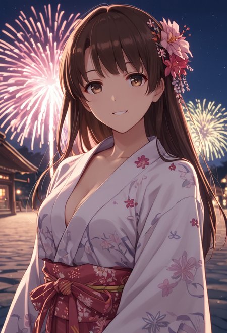 score_9, score_8_up, score_8, score_7_up, source_anime, 
1girl, katou megumi, Megumi <lora:KatoMegumi:1>,brown hair,katou megumi,brown eyes, medium breasts , long hair,   masterpiece, best quality, traditional Japanese festival theme, night background with glowing lanterns, wearing a floral yukata (navy with pink cherry blossoms), surrounded by bustling festival stalls, warm glowing lights, soft smile, hair styled with a delicate flower accessory, wind gently moving the yukata fabric, fireworks lighting up the sky, vibrant colors, mid-shot perspective, festive and lively atmosphere