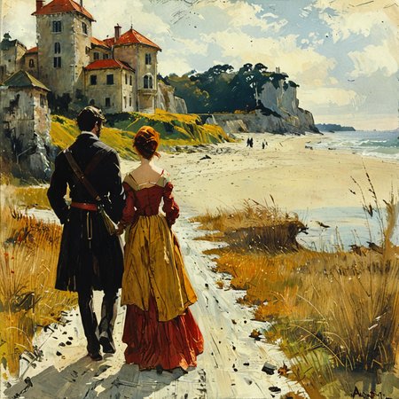 painting of a man and woman taking a walk in the beach on a nice sunny fall day  <lora:tbh104-sdxl:1> style of Edwin Austin Abbey