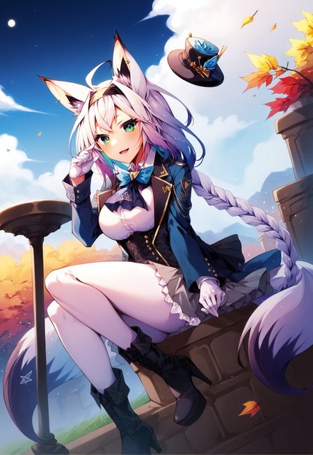 safe_pos, safe_pos, safe_pos, safe_pos, safe_pos, safe_pos, score_9, score_8_up, score_7_up, score_6_up, masterpiece, source_anime, high quality, perfect face, detailed eyes, perfecteyes, perfect balance, detailed face, perfect lighting, detailed background, uncensored, newest, absurdres, highres, very aesthetic, outdoor, balcony, grass sky, clouds, autumn, night, 
uncensored, 
fubuki, white hair, single side braid, ahoge, piercing, fox tail,
fubuki_elegant, braided ponytail, blue coat, blue ascot, corset, collared shirt, grey skirt, frilled skirt, white pantyhose, white gloves, mini top hat, hairband, blue rose, white hair, piercing, fox tail,
 1girl, solo, open mouth, smile, large breasts, pleasured, full body, long legs, larger female, tall female, looking at viewer, long calves, long legs, thin thighs, tall_girl,long_legs, boots, long boots, lace-up boots, leather boots, heeled boots, sitting, half closed eyes, naughty face, multicolored hair, low angle