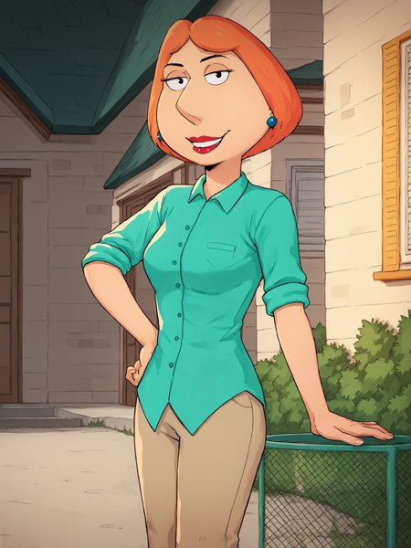 <lora:Loispony1.2:1> lois,1girl, blue earrings, jewelry, short hair, solo, lipstick, makeup, orange hair, aqua shirt, beige pants,looking at viewer, smile, outdoors,hand on own hip,  score_9, score_8_up, score_7_up, score_6_up, score_5_up, score_4_up