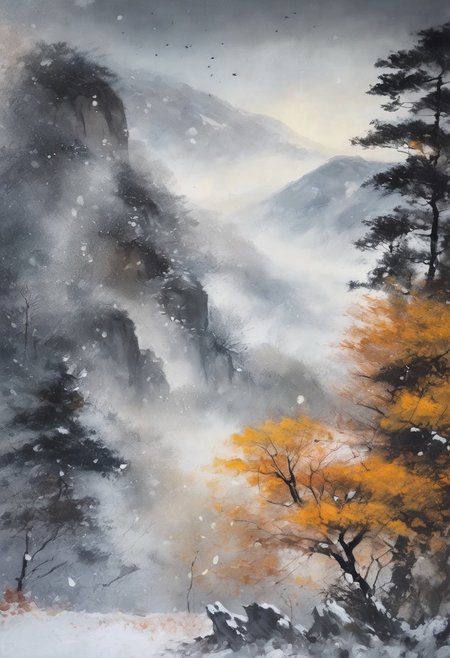 An fine ink splash painting with bold and thick brush touching, masterpiece, highly detailed foreground, ambient lighting, ultra-fine painting, extreme detail description, bokeh, side view, beautiful rendering, (blurry realistic very low saturation background), professional, healing,
unbalance composition, blank space, 
Misty, (backlight:0.5), (silhouette:0.1),
day, background is snowing japanese traditional mountain and cliff, Ginkgo, very cold and windy, blurry foreground, snow splashing light in air, romantic atmospheric background