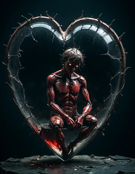 sad human sitting inside the cracked bloody Glass heart, macro photography, dramatic lighting, dark, sad and lonely, bokeh