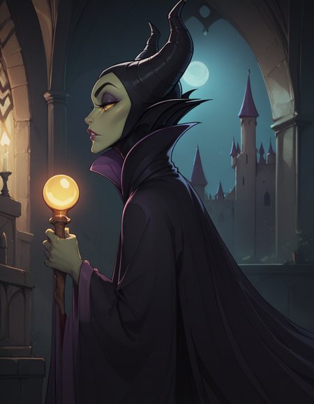 score_9, score_8_up, score_7_up,     
1girl, solo,
maleficentdg,
colored skin, yellow sclera, green skin, 
 wide sleeves, high collar, black cape, 
half-closed eyes, parted lips, profile, 
castle interior, night,from side, holding staff,
 <lora:Maleficent DG PXL v01-000003:0.90>