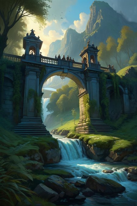 misty forest waterfall cascading into stone bridge ,sacred rivers flowing with liquid moonlight, their banks overgrown with truth-speaking reeds where river nymphs bargain with years of life, river evening,weather steamy outdoors cinematic view, epic sky, detailed, concept art, low angle, high detail, warm lighting, volumetric, godrays, vivid, beautiful, trending on artstation, by Loish, huge scene, grass, art greg rutkowski,
 <lora:detailed_notrigger:0.7>, <lora:add-detail-xl:0.3>, oil painting art style from Renaissance period, masterful composition, Renaissance mood, renaissance oil painting, brush strokes, Baroque art style, dynamic composition, dramatic lighting, rich colors, intricate details, professional-grade execution, captures the grandeur and theatricality of the Baroque period