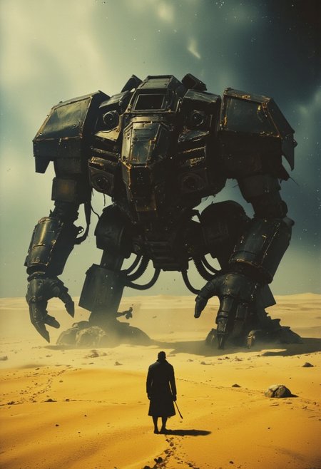 Muted yellow, gray, and black tones dominate the scene, evoking a dystopian, industrial atmosphere. Retro scan of an 80s sci-fi book, lofi, grainy, melancholic yet hyper-detailed, cinematic. A digital painting in the style of ck-js: A colossal, technologically complex space Marine Dreadnought lies stranded in the middle of a desolate, cracked wasteland. Its intricate, black-and-gray hull is battered and scorched, with sections torn apart, exposing tangled mechanical innards and fading yellow hazard markings. The mech looms over the barren landscape like a beached leviathan, its towering silhouette casting long, menacing shadows across the ground. Surrounding the Warhammer Dreadnought mech wreck is a lifeless desert of fractured, dusty yellow and gray earth, dotted with scattered debris from the ship's catastrophic landing. The horizon is hazy, blending seamlessly into a dark, overcast sky, where storm clouds churn and faint beams of pale light struggle to break through. Cinematic lighting bathes the scene in a somber glow, with swirling dust and subtle volumetric effects emphasizing the sheer scale of the wreckage. The atmosphere is heavy with a sense of abandonment and decay, enhanced by soft shadows, shallow depth of field, and a gritty film grain that lends the image an aged, retro-futuristic texture. A haunting reminder of technological ambition lost to ruin.