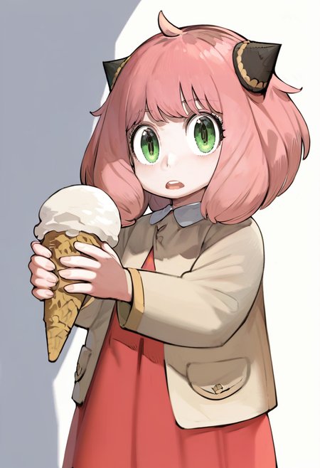 score_9, score_8_up, score_7_up, score_6_up, <lora:navigaviXL_P6_lokr_V53P1:0.95>  1girl, female child, anya \(spy x family\), green eyes, solo, food, pink hair, ice cream, dress, white background, holding, child, simple background, looking at viewer, ahoge, holding food, open mouth, ice cream cone, jacket, medium hair, teeth, upper teeth only, red dress, bangs, long sleeves, standing
