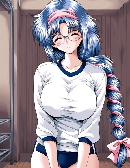 score_9, score_8_up, score_7_up, source_anime, rating_explicit, BREAK  <lora:Nikaidou_Honoka_XL:1> NikaidouHonoka,  blue hair, long hair, large breasts, pink hairband, closed eyes, pink hair ribbon, single braid,
dark blue buruma, blush, white gym uniform,  cowboy Shot, glasses:1.2
closed mouth,
looking at viewer, 
cowboyShot, 
flooring, room,