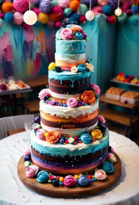 <lora:Yarnworld:1> cute, colorful, vivid and whimsical, imaginative, surreal fantasy,  An epic image of a  yrnwrld 5 layer wedding cake  in a yrnwrld bakery,  ((dynamic angle, dynamic view, dutch angle)), blurred background, 
<lora:add-detail-xl:1> ,  <lora:aidmaImageUpgraderSDXL-v0.3:0.75> aidmaimageupgrader,   <lora:xl_more_art-full_v1:1>