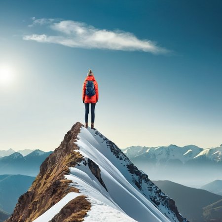 Advertising poster style,  <lora:Advertising:1.5>
A creative photo of  a woman standing on top of a mountain advertising style, Professional, modern, product-focused, commercial, eye-catching, highly detailed
