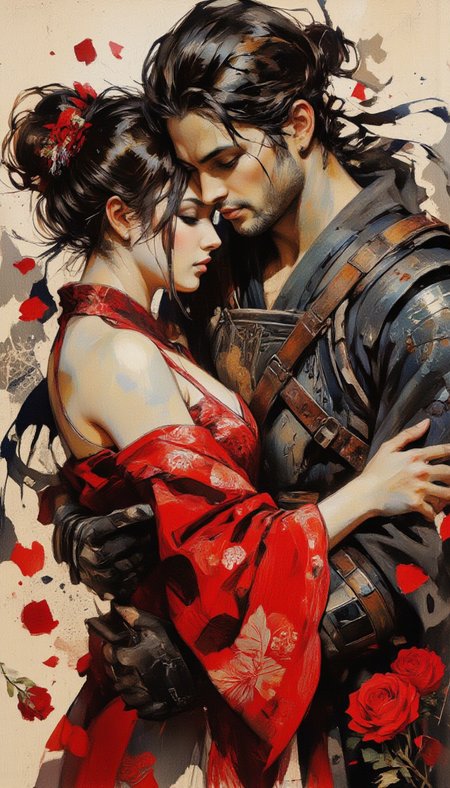This is a highly detailed digital illustration featuring two characters in a romantic embrace. The artwork is rendered in a realistic, painterly style with a focus on intricate textures and vibrant colors. The characters are a man and a woman, both of East Asian descent, with long, flowing black hair and fair skin.

The man, positioned on the left, has a rugged appearance with a strong jawline and a well-groomed beard. His hair is tied back, and he wears a dark, medieval-style armor with intricate detailing and a leather strap across his shoulder. His eyes are closed, and his expression is one of deep contentment.

The woman, positioned on the right, has a delicate and ethereal beauty. She wears a luxurious red kimono adorned with intricate patterns and a high collar. Her hair is styled in an elegant updo, with loose strands framing her face. Her eyes are closed, and she rests her head gently on the man's chest.

Surrounding them are vibrant red roses, scattered and blooming, adding a romantic and passionate element to the scene. The background is a soft, neutral beige, which makes the characters and the red roses stand out prominently. The overall mood of the image is intimate and serene, capturing a moment of tender intimacy.
