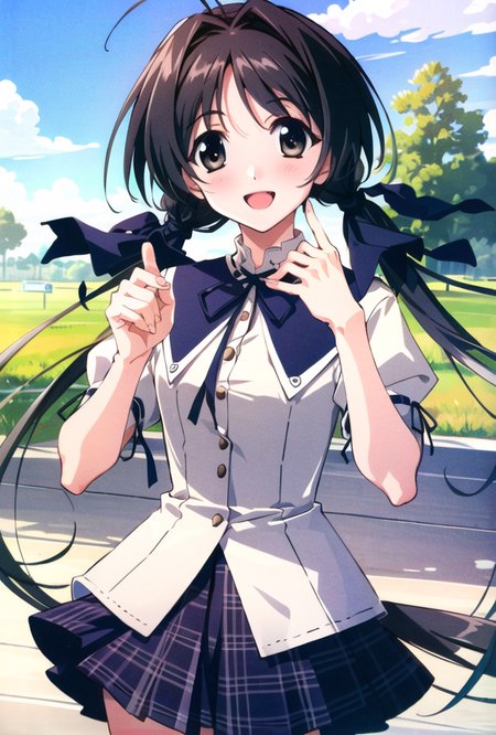 <lora:hotaruShirokawaMemories_v01:0.7>,((shirokawaHotaru)),masterpiece, best quality, cowboy shot, 1girl, solo, focus on face, (happy face:1), open mouth, outdoors, black_ribbon, hair_ribbon, long_hair, plaid_skirt, puffy_short_sleeves, twintails,