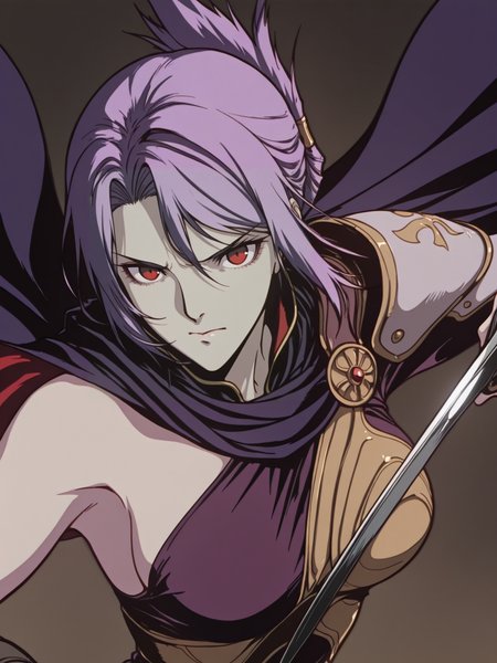 close-up shot, view from aside, solo, holding sword, dynamic fighting pose, 1girl, sabia, human, purple hair, red eyes, folded ponytail, armor, single shoulder armor, cape, single bare shoulder, clothed, large breasts, looking at viewer, closed mouth,
, <lora:ScrollDIL:1>, masterpiece, best quality, amazing quality, flat colors, flat color