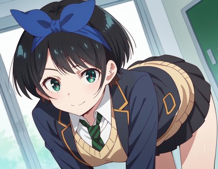 score_9, score_8_up, score_7_up, source_anime,
rukasarashina, <lora:ruka-sarashina-s1-ponyxl-lora-nochekaiser:1>,
ruka sarashina, short hair, bangs, black hair, ribbon, green eyes, hair ribbon, hairband, blue hairband,
skirt, shirt, long sleeves, school uniform, jacket, white shirt, pleated skirt, necktie, striped, black skirt, black jacket, blazer, sweater vest, striped necktie, green necktie,
indoors, bent over, smile,
looking at viewer, cowboy shot, solo, dutch angle,