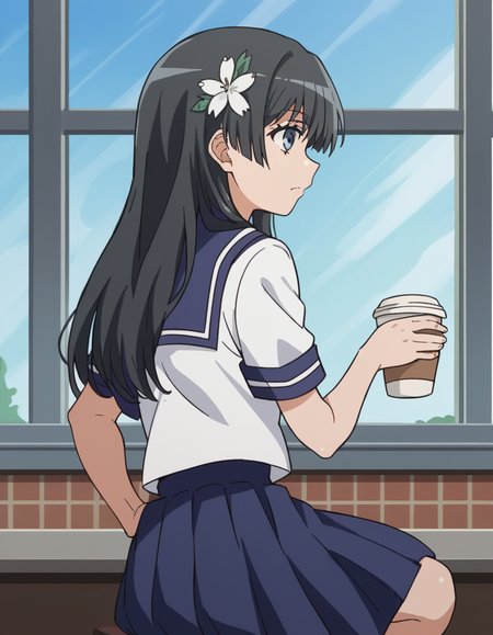 score_9, score_8_up, score_7_up, source_anime, <lora:saten-ruiko-s3-ponyxl-lora-nochekaiser:1>, saten ruiko, black hair, blue eyes, long hair, hair ornament, flower ornament,, blue skirt, pleated skirt, sakugawa school uniform, school uniform, serafuku, skirt, summer uniform,, cafe, coffee cup, barista, sitting down, talking, relaxing, sunlight through window, , , elbow bent, foot crossed, hand on hip, solo,, cowboy shot, dutch angle