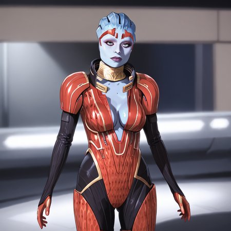 <lora:SamaraMassEffect2_pony_v1:1>  SamaraMassEffect, 1girl,solo,  alien, medium breasts, colored skin, bodysuit, cleavage, center opening, lips, cowboy shot, looking at viewerr