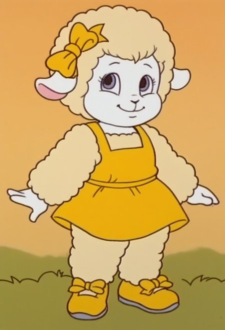Woolma, 1girl, solo, sheep girl, wool, yellow dress, yellow bow, yellow shoes, standing, looking at viewer, smiling