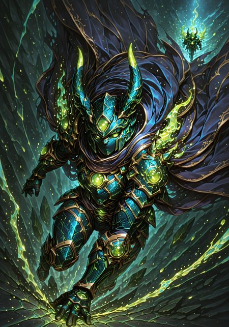 masterpiece, best quality, ultra-detailed, absurdres, 64K, high resolution, concept art, official art, illustration, fantasy illustration, very aesthetic, highly detailed, beyond intricately detailed, stylized, stunning, smooth quality, colorful, digital artwork, abstract, HDR, raytraced lighting, high contrast, dramatic shadows, heavy shadows, depth of field, glowing energy highlights, ornate design, sharp focus, highly detailed face, (full-body:1.4), character-focused scene, strong facial expression, strong colors, realistic metal texture, strong silhouette, BREAK, 

(action shot, wide angle, camera from above, full view:1.4), 

(1girl, petite adult body, warlock, twisted arcane armor, (slate blue chestpiece with angular metallic runes), (acid lime glowing cracks and veins throughout the armor:1.4), (dark plum fabric and tattered cloak with runic embroidery), spellcasting pose, hands raised, (green magical energy swirling around her fingers), (acid lime eyes glowing intensely), horned helmet made of slate metal with glowing lime lines, floating in a ruined temple, crumbled arcane stones, Action-combat stance, dynamic pose), 







