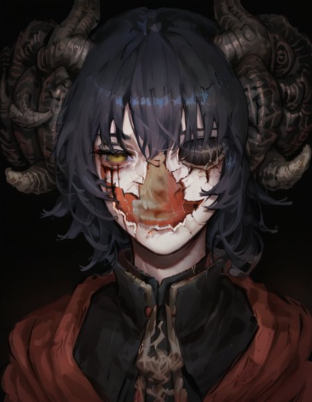 score_9, score_8_up, score_7_up, source_anime, upper body, solo, black background, 1girl, CoverMadrabyNewDad, eveyuno, <lora:CoverMadrabyNewDad:1>,  mohg lord of blood, horns,  one eye, <lora:Mohg_Lord_of_Blood:0.7>