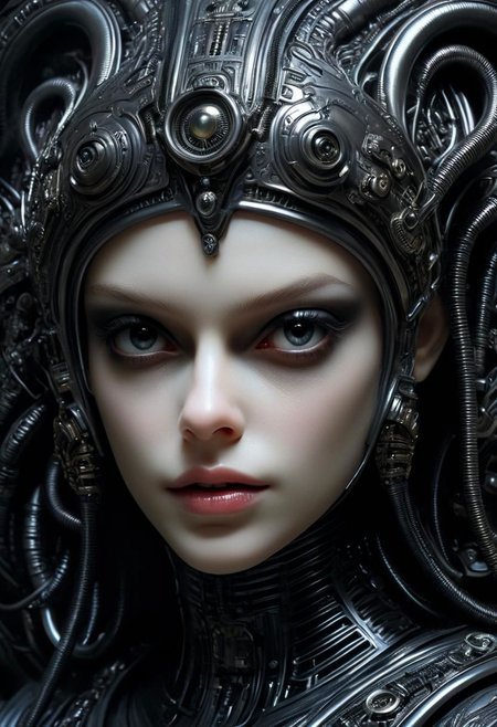Stylized By HR Giger: Closeup Portrait, Hyperdetailed awesome Sci-fi Versace Advertisement, dark retro beautiful busty Female Borg, pureerosface_v1 blushed Smile from below, thin face, blushed, Freckles, on the Enterprise in bedroom, very detailed, HD photorealistic, hyper realistic, masterpiece, Explore the somber tones and bleak atmosphere in your depiction, a slender, busty and shy woman in her twenties, living in a picturesque village. Focus on her tousled dark updo, revealing the graceful curve of her neck, Cat like natural eyes framed by freckles. Emphasize her quiet smiling and unassuming nature as she navigates the village with a sense of timidity. Dress her in earthy tones that complement her connection to the natural world.