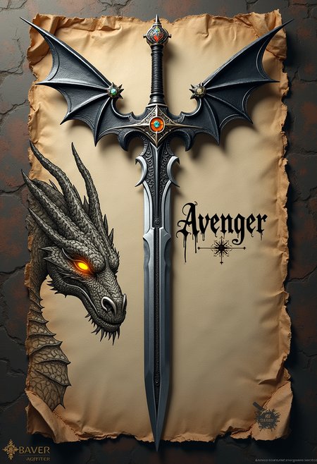 high quality, highly detailed, colorful, abstract shapes, fantasy, fantasy background, The image is a realistic photo of a sword with a unique design. The sword has a long, pointed blade with a pointed tip and a pointed end. The handle is made of metal and has a metallic sheen. The blade is decorated with intricate patterns and designs. The top of the sword has two large, pointed wings that are spread out, giving it a majestic appearance. The wings are black and have a textured appearance.  The sword is placed on a piece of paper with a rough, textured background. The paper appears to be old and worn, with some creases and wrinkles visible. On the left side of the paper, there is a detailed drawing of a dragon's head, with intricate details and patterns. The dragon's eyes are glowing yellow, adding a pop of color to the otherwise monochromatic image. The text on the paper reads "Avenger" in a bold, cursive font. The overall mood of the image is dark and mysterious.<lora:FLUX\Enhancer\MysticFantasy.safetensors:0.8:0.8> <lora:FLUX\Style\obra_dinn_v1.safetensors:0.6:0.6>