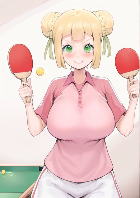 <lora:fuguta-kemasuo:1.2>,1girl, lillie \(pokemon\), huge breasts, wide hips, pokemon, pokemon (anime), pokemon sm (anime), alternate hairstyle, ball, blonde hair, blush, collared shirt, double bun, green eyes, hair bun, hands up, holding, holding paddle, looking at viewer, paddle, pink shirt, raglan sleeves, shirt, short sleeves, smile, solo, sportswear, table tennis ball, table tennis paddle, tennis uniform, v-shaped eyebrows, w arms, wing collar, 
very awa, masterpiece, best quality, highres, absurdes,amazing quality,very aesthetic,intricate details, <lora:hand 5.5:1>