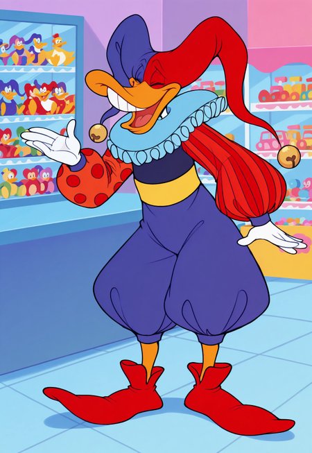 safe_pos, score_9, score_8_up, score_7_up, 1boy, solo, Quackerjack, furry, duck, jester cap, two-tone hat, hat bell, ruff, long puffy sleeves, mismatched sleeves, blue pants, orange legs, red shoes, pointy footwear, laughing, toy store setting, dynamic pose,