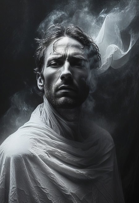 The image of a man shrouded in a shroud seems to merge with the air around him, high contrast between the dark background and the bright, glowing texture of the material to create a sense of emergence or transformation, monochrome shades to enhance the mysterious and tense atmosphere,high realism