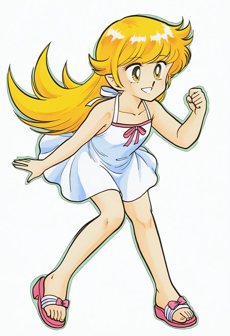 best hands, 5 fingers <lora:tooyama-h_IL1.5:0.8>retro artstyle, 1980s \(style\), full body, toyama_hikaru_style, 1girl, solo, oshino shinobu, blonde hair, pointy ears, 
white dress, sandals,