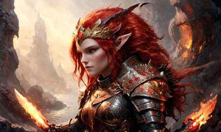 13. Dragonborn Artificer: Red scales gleam like lava under golden light; a massive blade rests against her broad shoulder while flowing red hair is secured by an ornate headpieceâan engineer of war machines, she wields innovation in the heat of battle to protect all those who call upon her prowess. in a dystopian future, detailed setting, with mist and smoke, and colorful accent lighting <lora:LaxpeintXL-2.0:1> <lora:xl_more_art-full_v1:1> <lora:add-detail-xl:1>