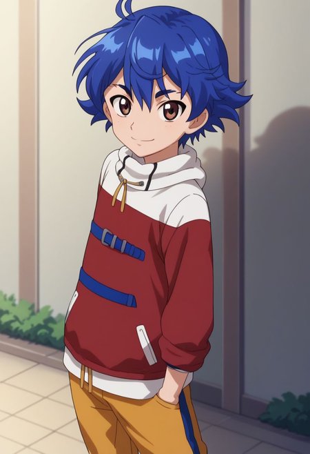 score_9, score_8_up, source_anime, highly detailed, 
riki, 1boy, solo, blue hair, short hair, shoes, male focus, looking at viewer, brown eyes, sneakers, hoodie,  shawl collar, red hoodie, white hoodie, two-colours hoodie, pants, yellow pants, smile, upper body,
outdoor
