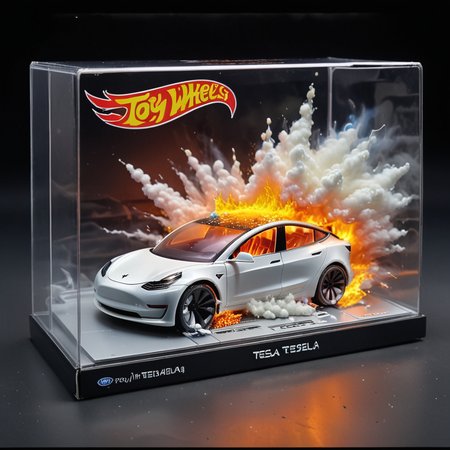 Hot Wheels toy car company have made a toy car version of a Tesla Model 3, The toy telsa model 3 car comes in a mini display unit/box. The car is exploding into fire and flames, white smoke fills the top of the display box, (realistic explosion from car), (realistic Flames bellow from the car windows inside the display unit),  (standing next to the car is a little palstic toy man, he holds both arms in the air, <lora:TESLA_TOY_CARS:1>