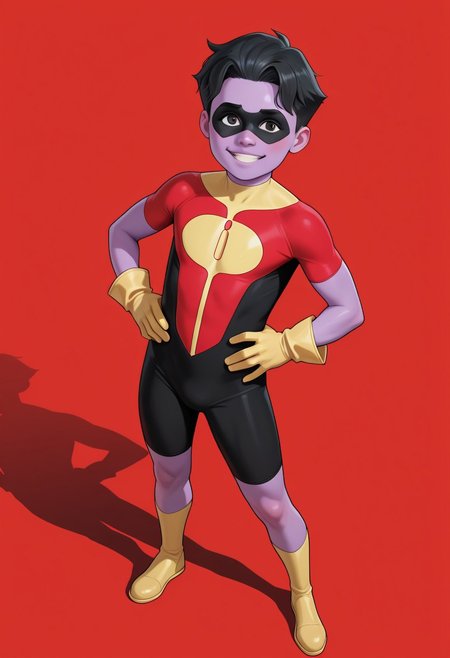 masterpiece, absurdres, high quality, perfect anatomy, 1boy, solo, cute boy, young, male focus, Oliver_Grayson, Purple Skin, Colored Skin, Black Hair, Black Eyes, Domino Mask, Superhero Costume, Yellow Gloves, smile, parted lips, hands on hips, cinematic, intricately detailed illustration, depth of field, masterpiece, best quality, amazing quality, very aesthetic, absurdres, newest, very awa,  shadow, dynamic angle, casual cosplay, dynamic pose, simple background, red theme,